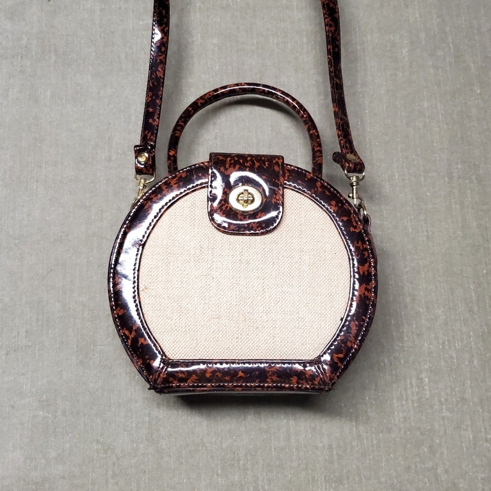 Vintage Brown Tortoiseshell Canteen Crossbody Bag Canvas Panel Top Handle Purse